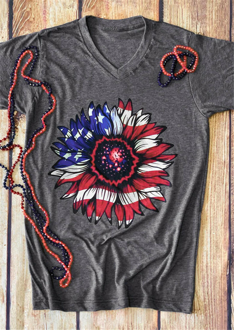 

Tees T-shirts Star American Flag Sunflower T-Shirt Tee - Gray. Size