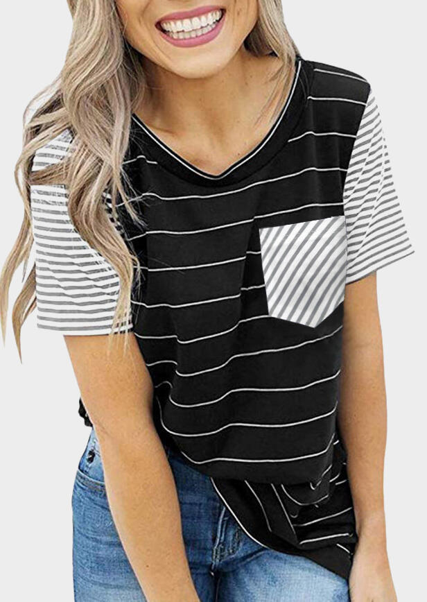 

Tees T-shirts Striped Splicing Pocket T-Shirt Tee - Black. Size