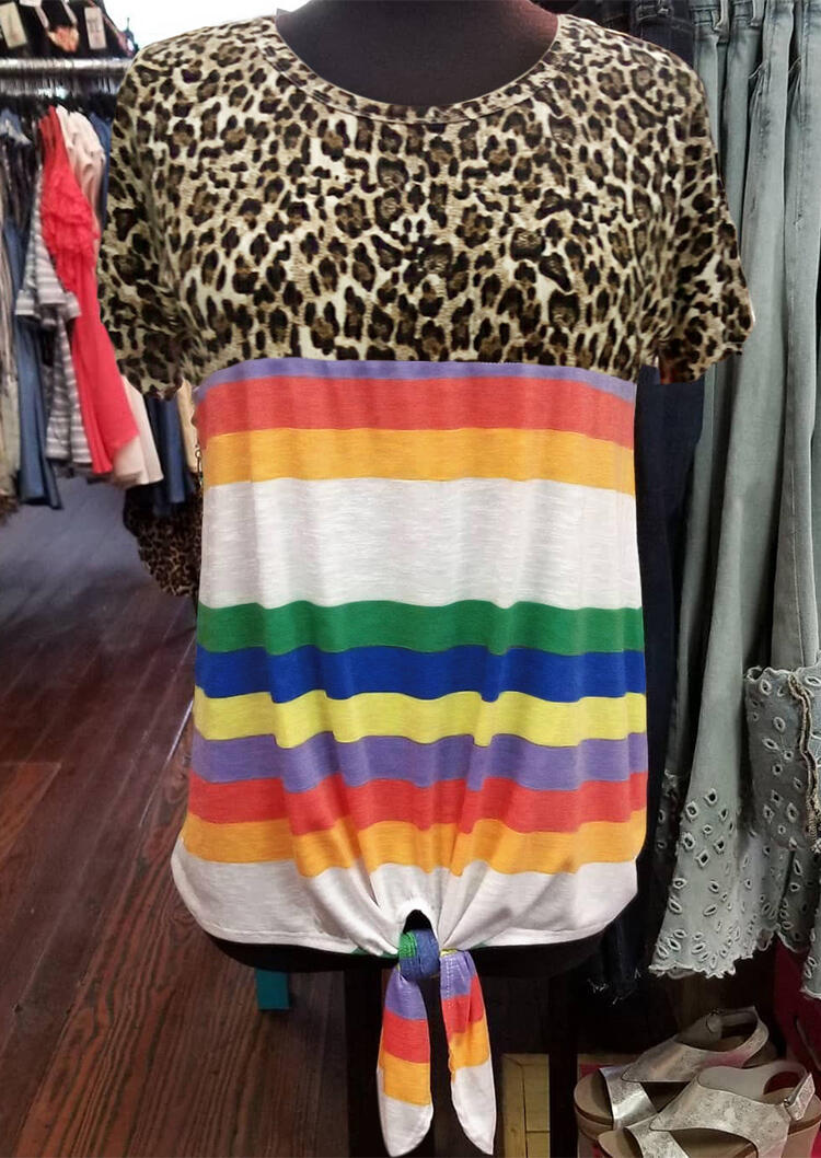 

Tees T-shirts Leopard Printed Splicing Striped T-Shirt Tee. Size: S