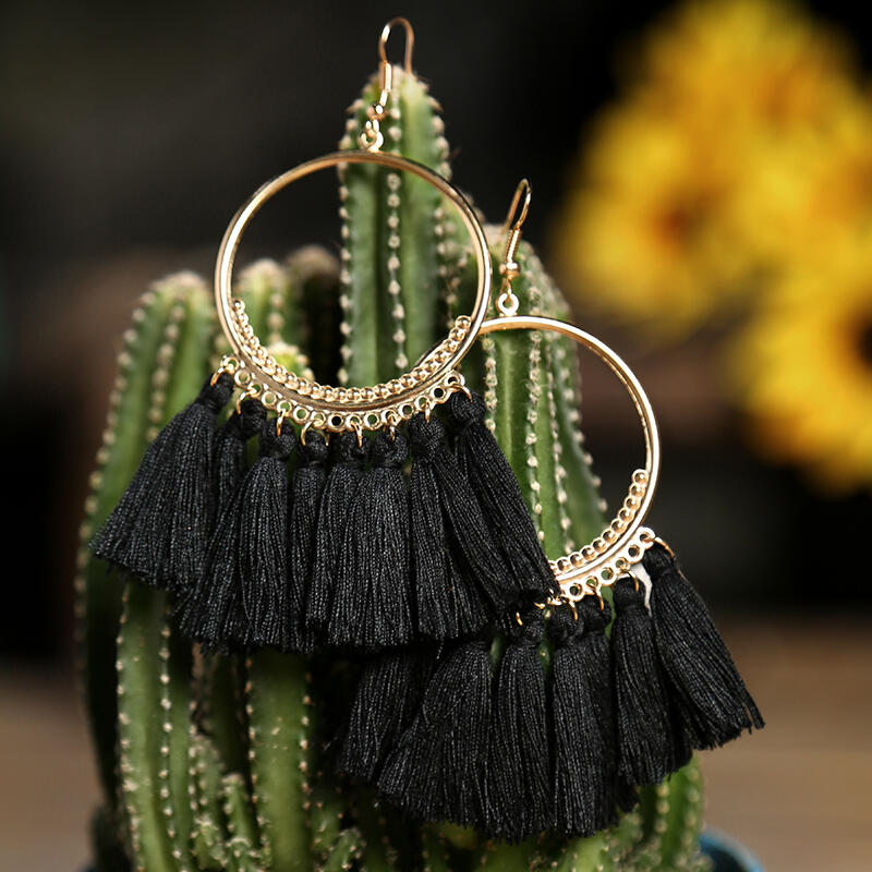 

Bohemian Ethnic Tassel Earrings, Black, 451127