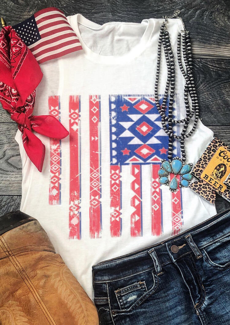 

Tank Tops Aztec Geometric Printed American Flag Tank - White. Size: ,XL