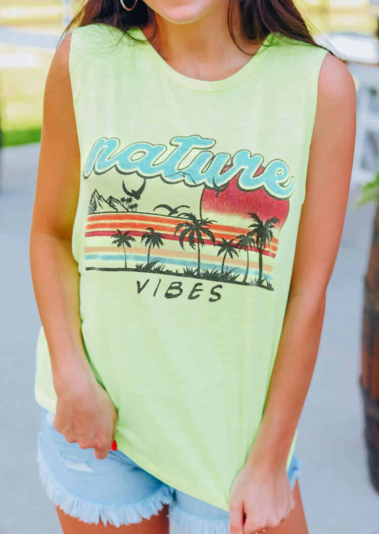 

Nature Vibes Coconut Tree Seagull Red Sun Mountain Sea Tank Top - Light Green