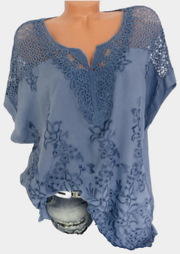 

Blouses Solid Floral Lace V-Neck Blouse - Blue. Size