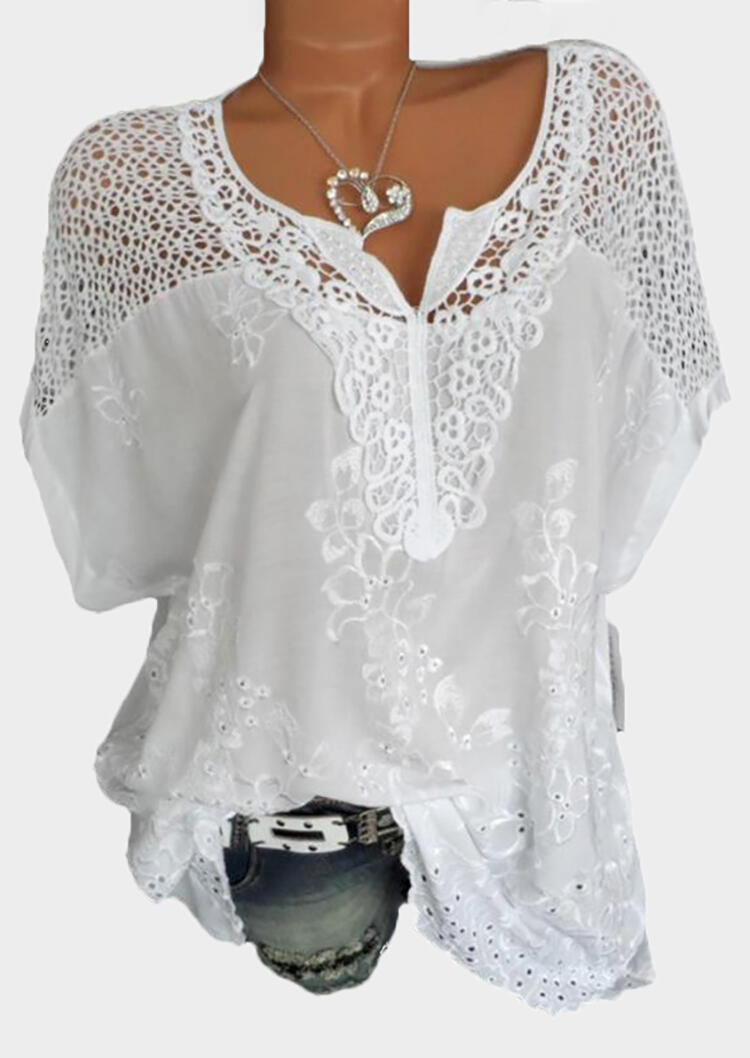 

Blouses Solid Floral Lace V-Neck Blouse - White. Size