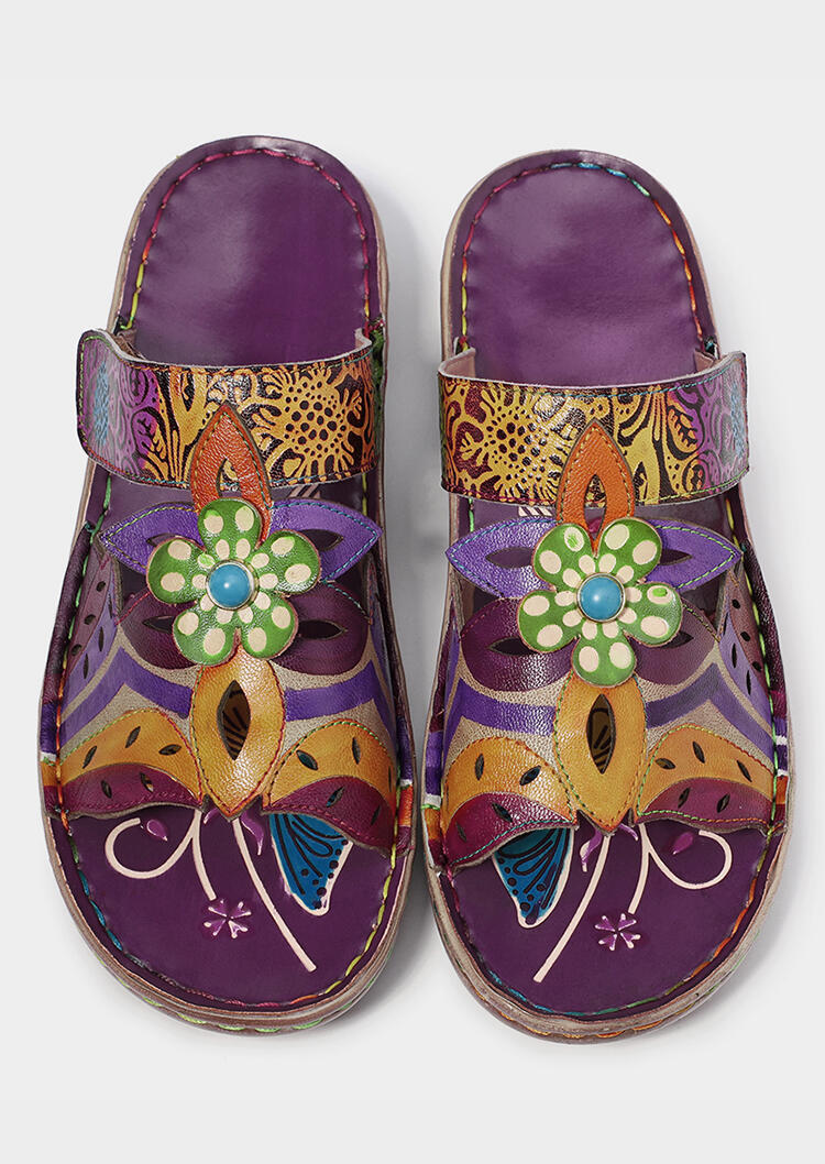 

Sandals Women Floral Leather Flat Sandals - Multi. Size