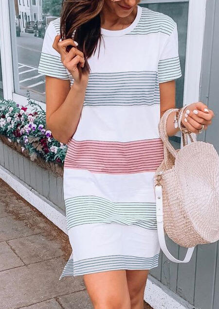

Striped O-Neck Asymmetric Mini Dress - White, 451303