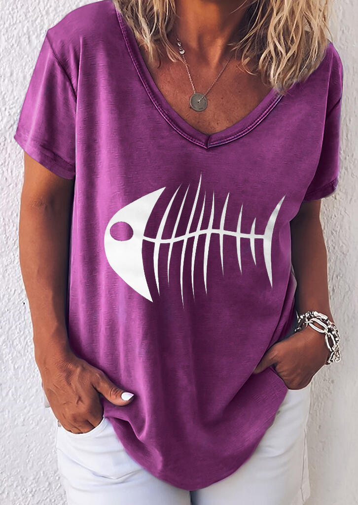 

Tees T-shirts Fish Bones V-Neck T-Shirt Tee without Necklace in Purple. Size