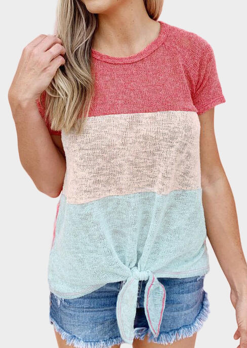 

Color Block O-Neck Tie T-Shirt Tee - Red, 451396