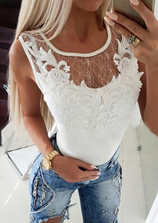 

Tank Tops Lace Splicing O-Neck Tank - White. Size