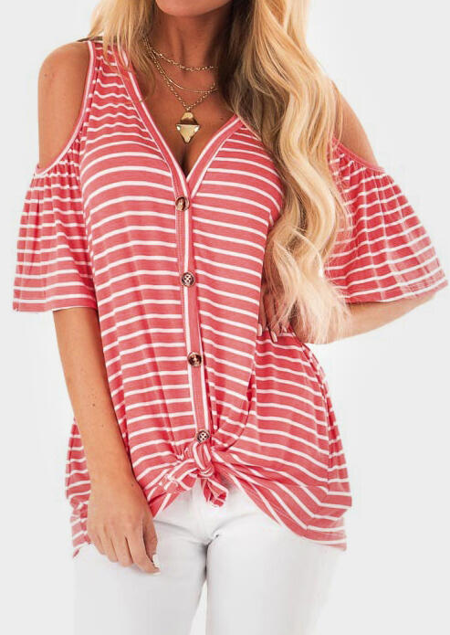

Blouses Striped Button Cold Shoulder Blouse without Necklace - Stripe. Size: ,M