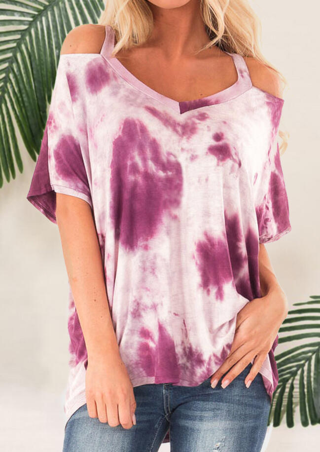 

Blouses Tie Dye Cold Shoulder Blouse without Necklace - Plum. Size: ,M