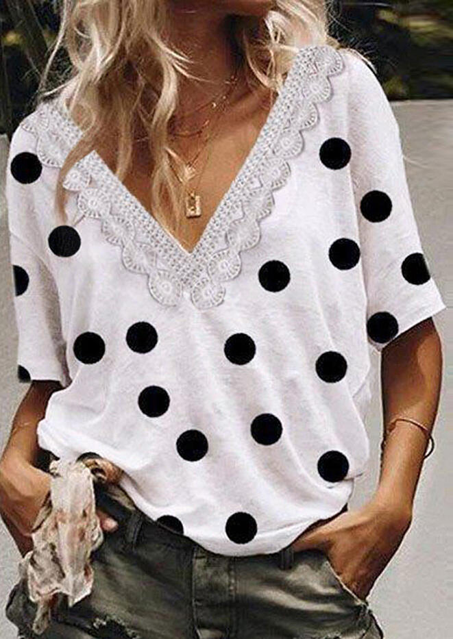 

Polka Dot Lace Splicing Blouse without Necklace - White, 451566