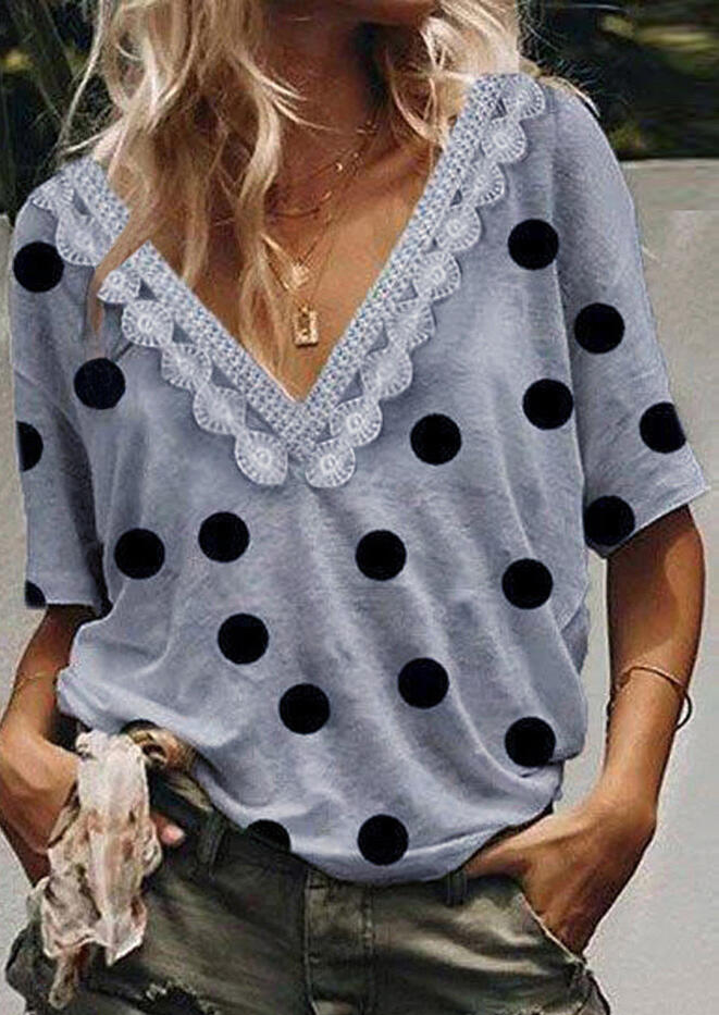 

Blouses Polka Dot Lace Splicing Blouse without Necklace - Gray. Size