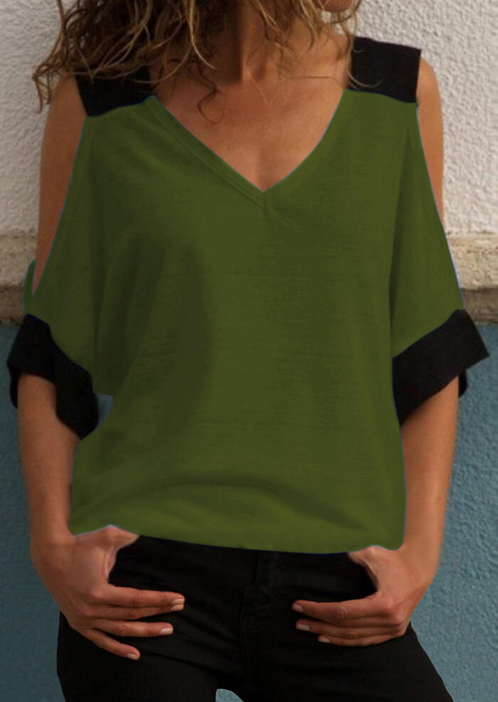 

Splicing Cold Shoulder Blouse - Army Green, 446998