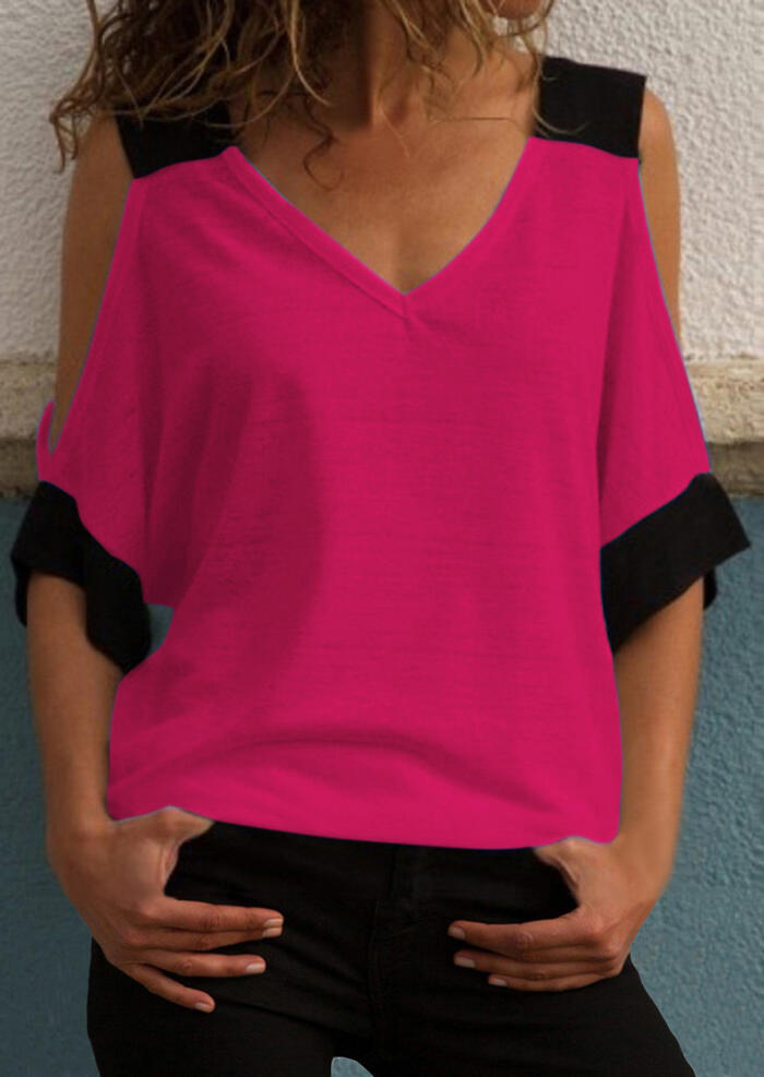 

Blouses Splicing Cold Shoulder Blouse - Rose Red. Size: ,M
