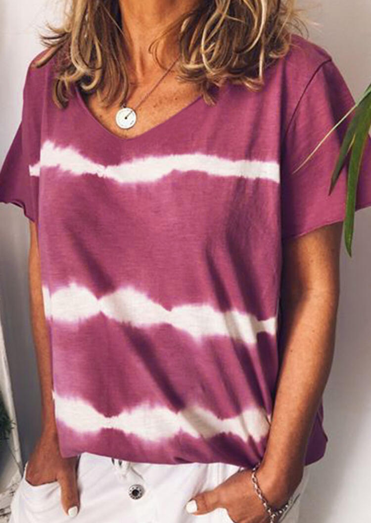 

Striped Tie Dye V-Neck T-Shirt Tee without Necklace - Purple, 451833