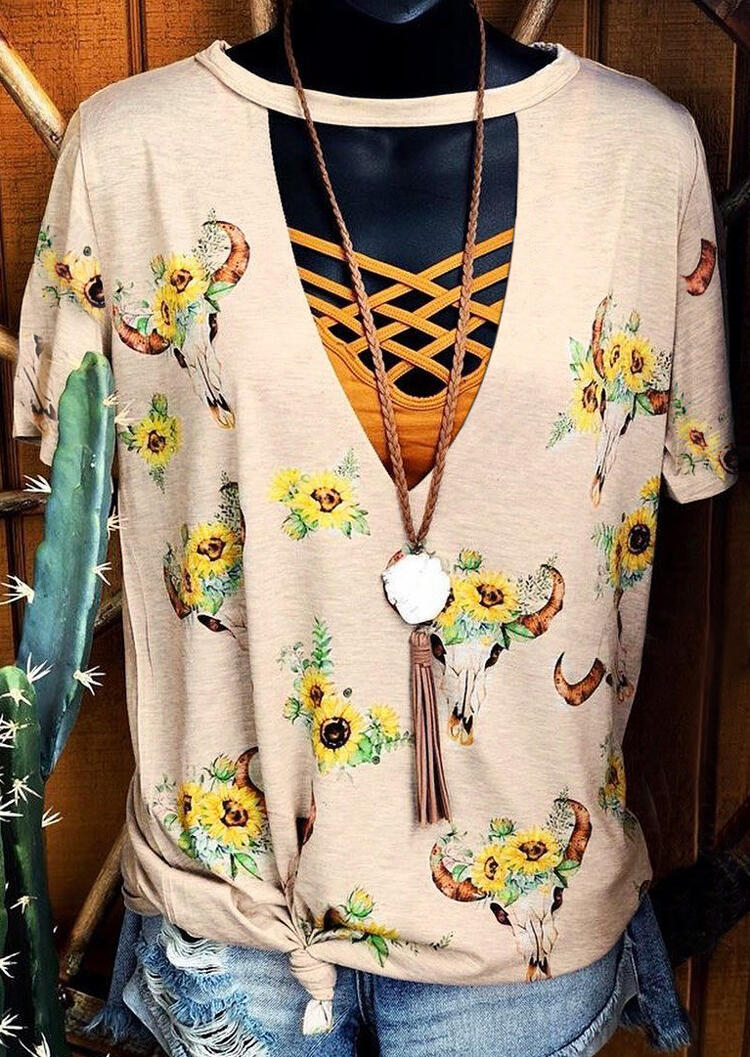 

Steer Skull Sunflower Hollow Out Blouse without Necklace - Apricot, 451936