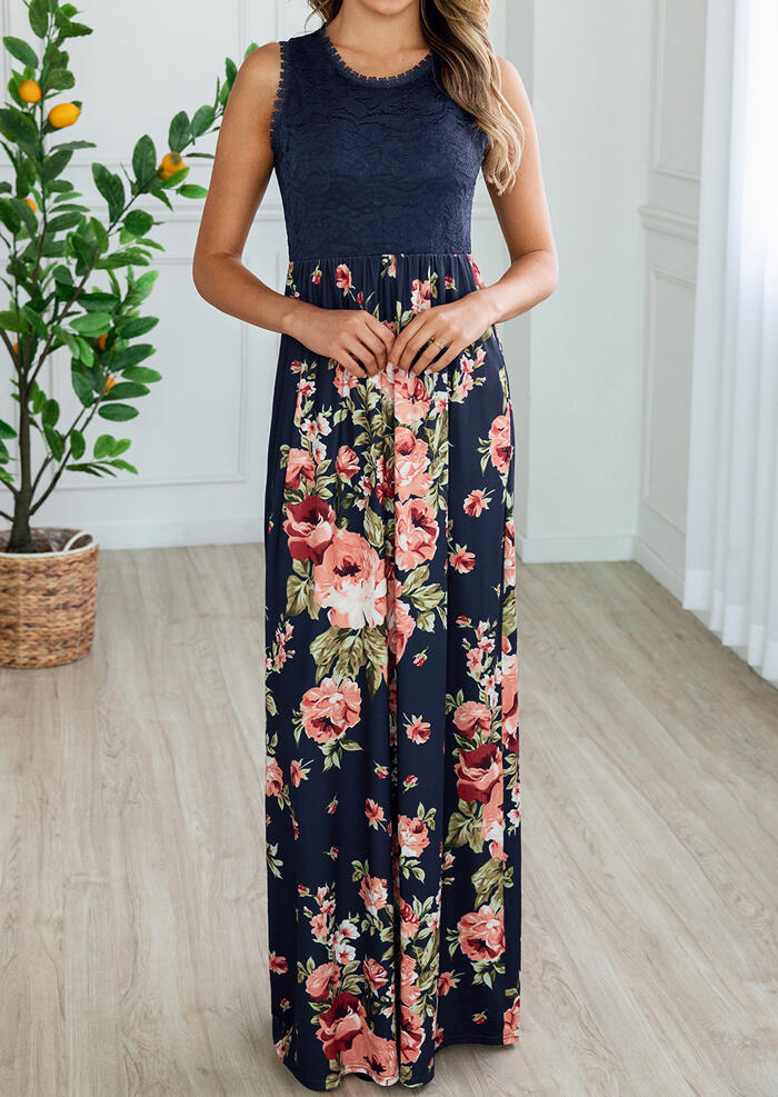 

Floral Lace Splicing Pocket Maxi Dress - Navy Blue, 451973
