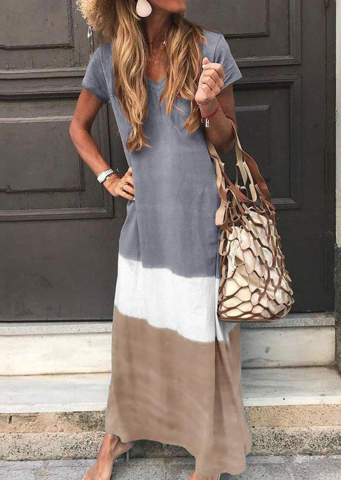 

Maxi Dresses Color Block V-Neck Maxi Dress without Necklace - Gray. Size