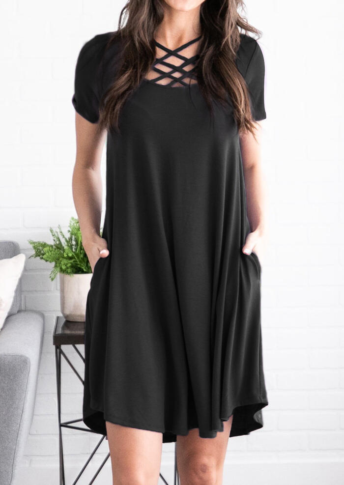 

Solid Criss-Cross Pocket Mini Dress - Black, 452023
