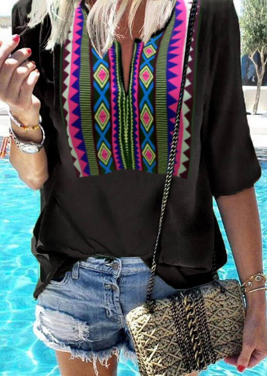 

Aztec Geometric Printed V-Neck Blouse - Black, 452088