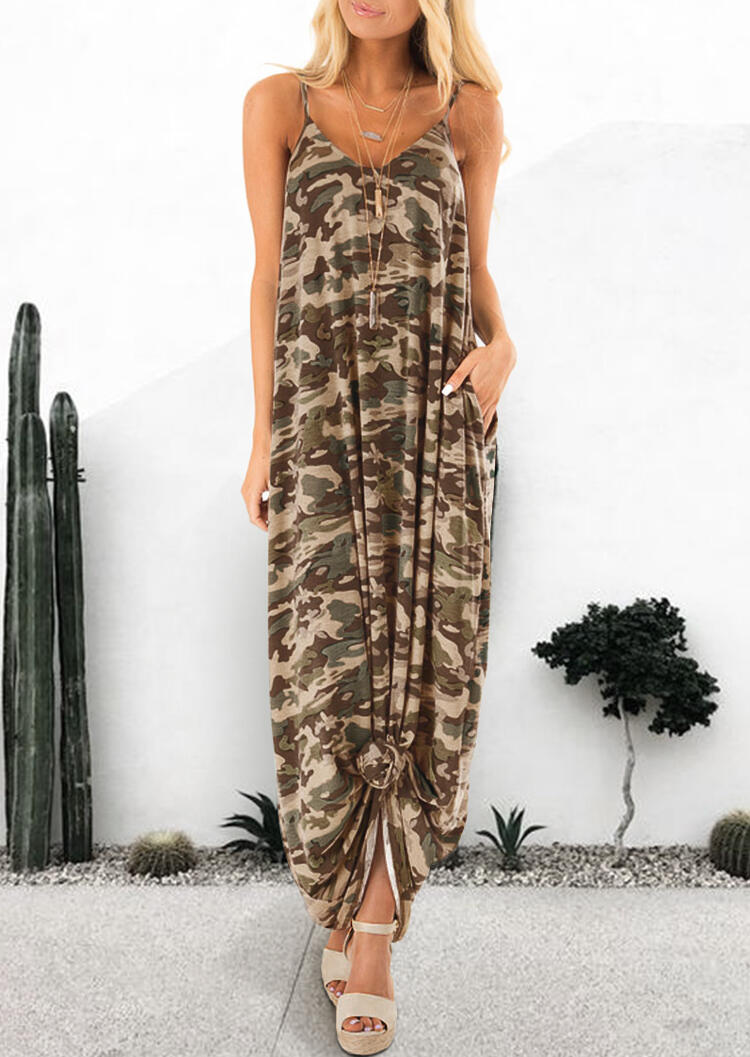 

Camouflage Printed Spaghetti Strap Casual Dress without Necklace, 451587