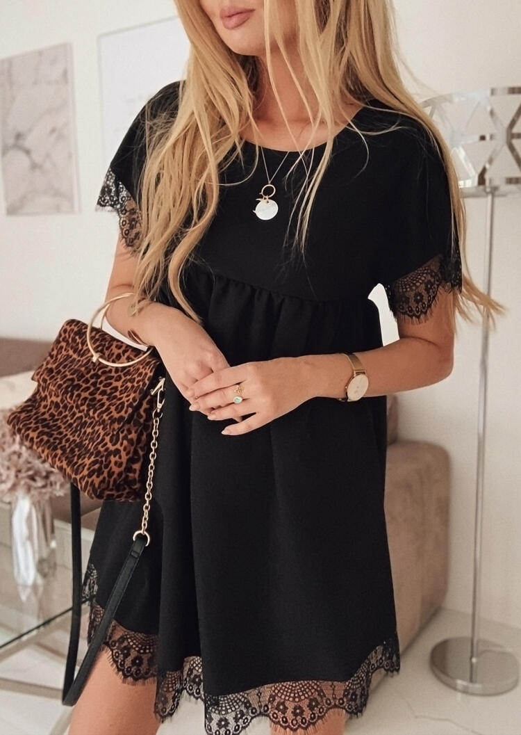 

Solid Ruffled Lace Splicing Mini Dress without Necklace - Black, 452283