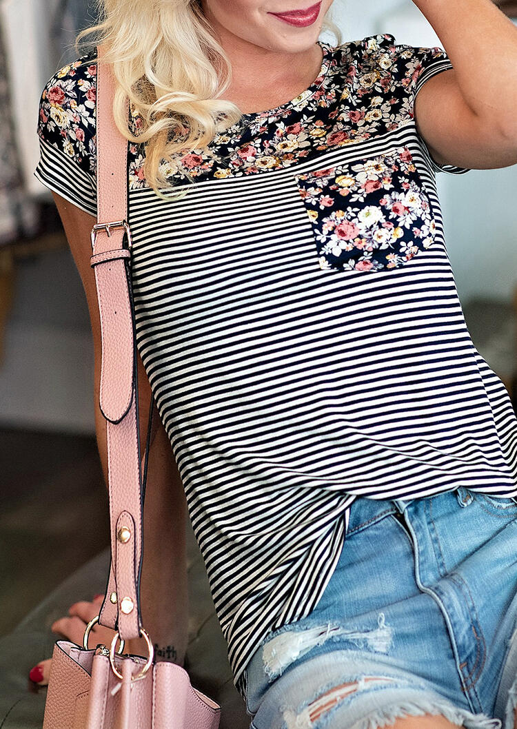 

Tees T-shirts Striped Floral Splicing Pocket T-Shirt Tee. Size: S,M,,XL, Stripe