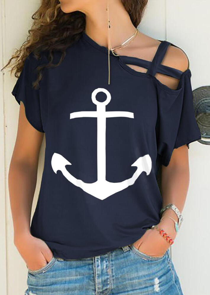 

Anchor Hollow Out One Shoulder Blouse without Necklace - Navy Blue, 452388