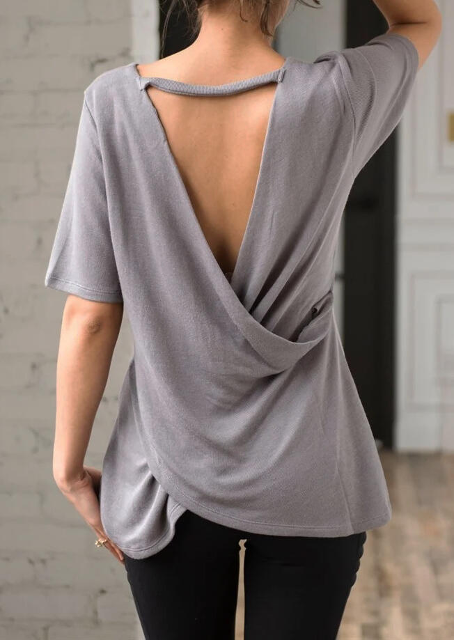 

Solid Ruffled Open Back Blouse - Gray, 452401
