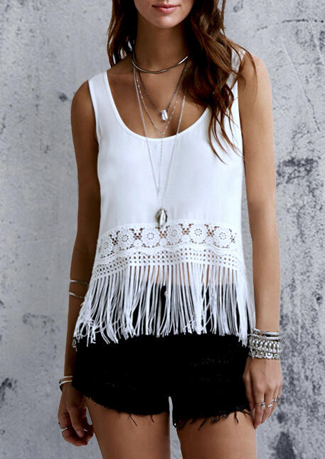 

Tank Tops Solid Floral Lace Tassel Splicing Tank without Necklace - White. Size