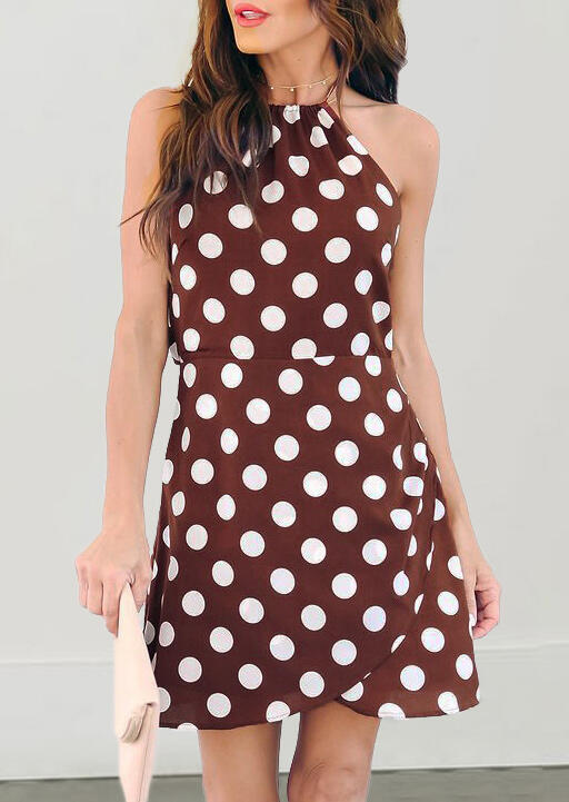 

Polka Dot Halter Irregular Mini Dress without Choker - Dark Brown, 452473
