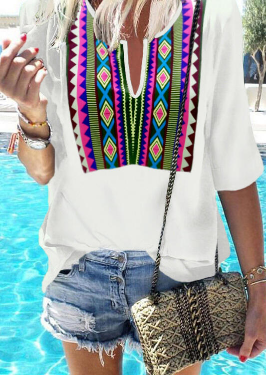 

Blouses Aztec Geometric Printed V-Neck Blouse - White. Size