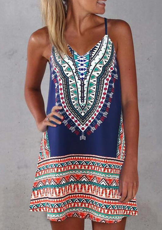 

Printed Spaghetti Strap Mini Dress - Navy Blue, 452653