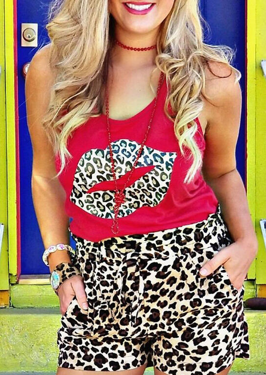 

Leopard Printed Lips Tank without Necklace - Red, 451358