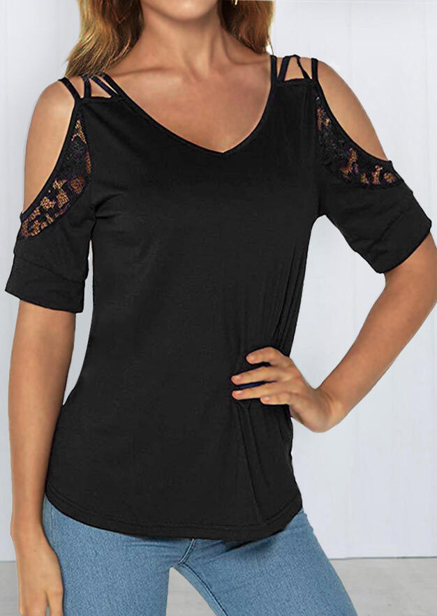 

Blouses Solid Lace Splicing Cross Cold Shoulder Blouse - Black. Size