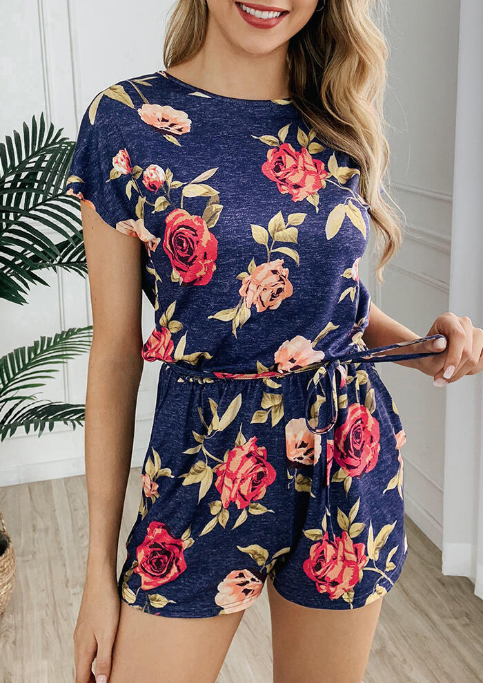 

Jumpsuits & Rompers Floral Drawstring Pocket Romper - Navy Blue. Size
