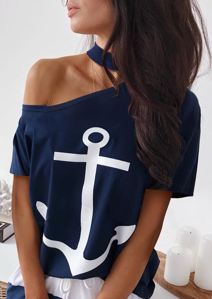 

Anchor Halter One Shoulder Blouse without Necklace - Navy Blue, 452710