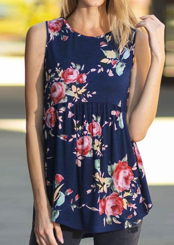 

Tank Tops Floral Ruffled O-Neck Tank - Navy Blue. Size