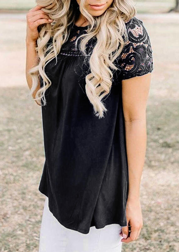 

Tees T-shirts Solid Lace Splicing Hollow Out T-Shirt Tee - Black. Size