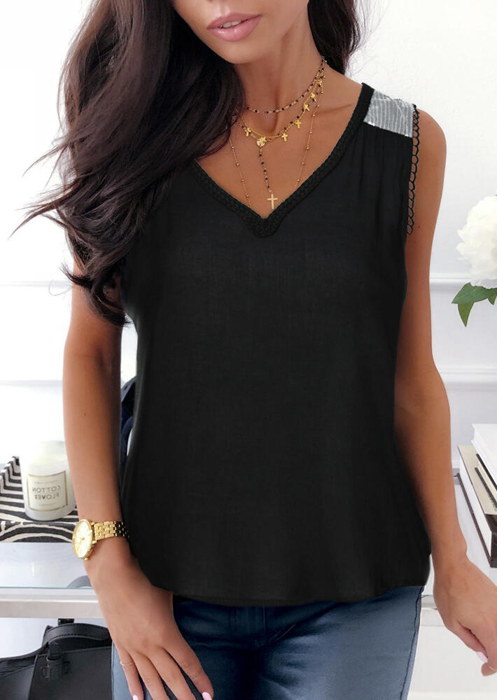 

Sequin Splicing V-Neck Tank without Necklace - Black, 452735