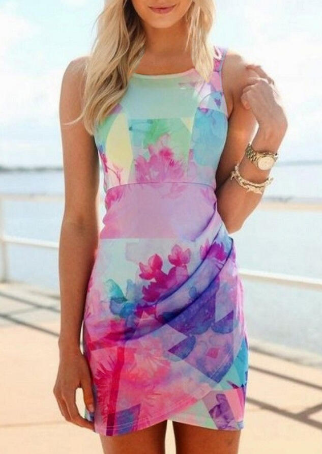 

Mini Dresses Colorful Ruffled Sleeveless Asymmetric Mini Dress - Multicolor. Size