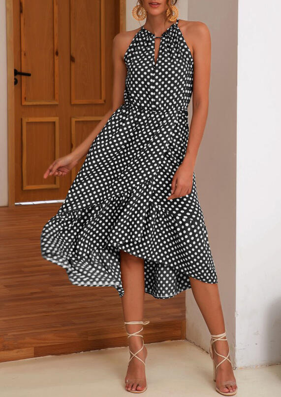

Polka Dot Irregular Ruffled Casual Dress - Black, 452755
