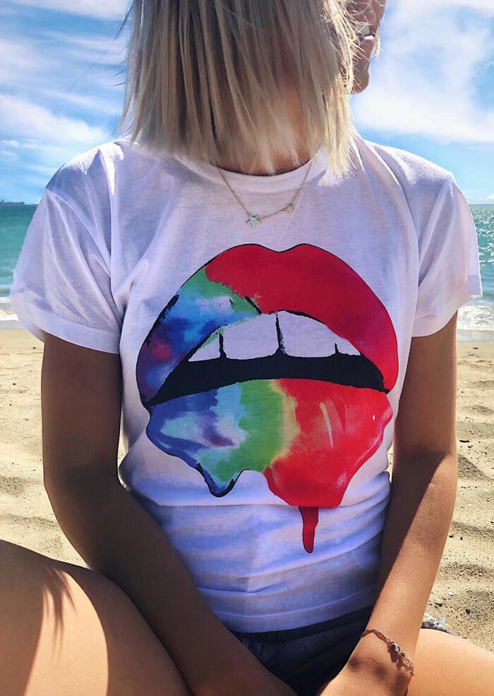 

Tie Dye Lips T-Shirt Tee without Necklace - White, 452873