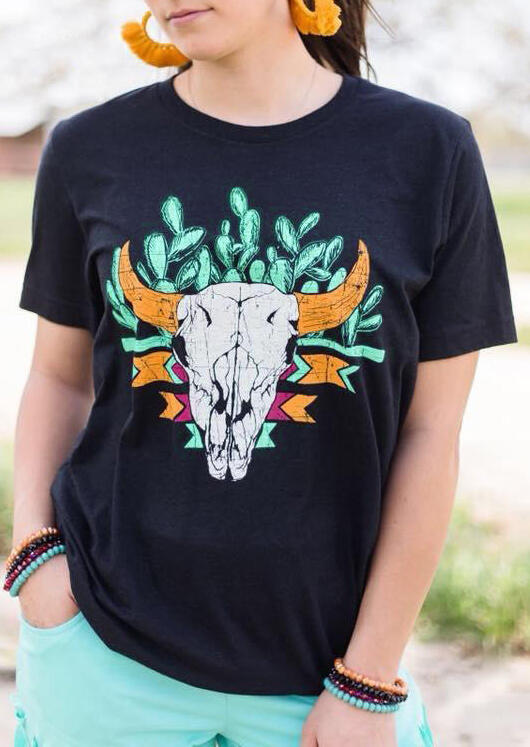 

Tees T-shirts Geometric Printed Cactus Steer Skull T-Shirt Tee - Black. Size