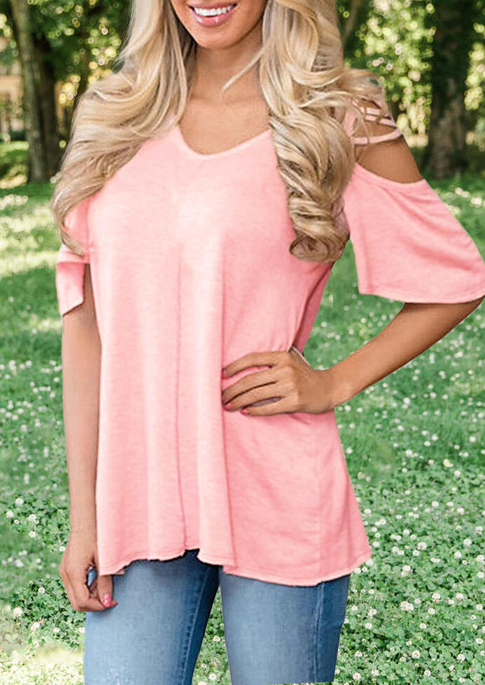 

Solid Criss-Cross Cold Shoulder Blouse - Pink, 452883