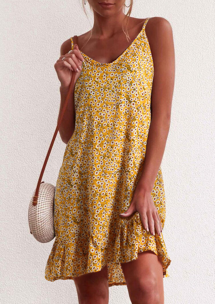 

Floral Ruffled Spaghetti Strap Mini Dress - Yellow, 452870