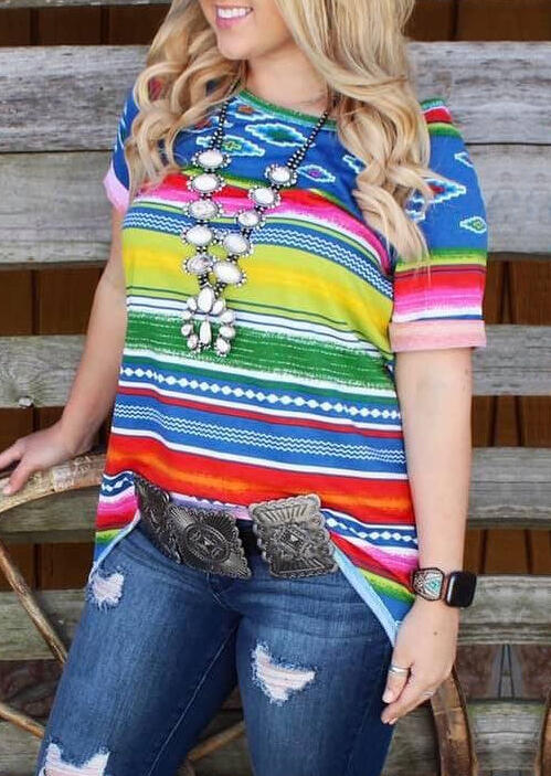

Color Block Striped T-Shirt Tee without Necklace - Multicolor, 452956