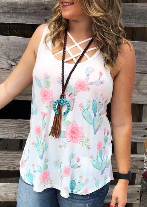

Floral Cactus Criss-Cross Tank without Necklace - White, 452977