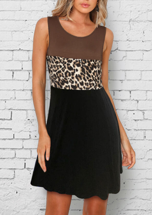 

Leopard Printed Splicing Pocket Mini Dress - Black, 451216